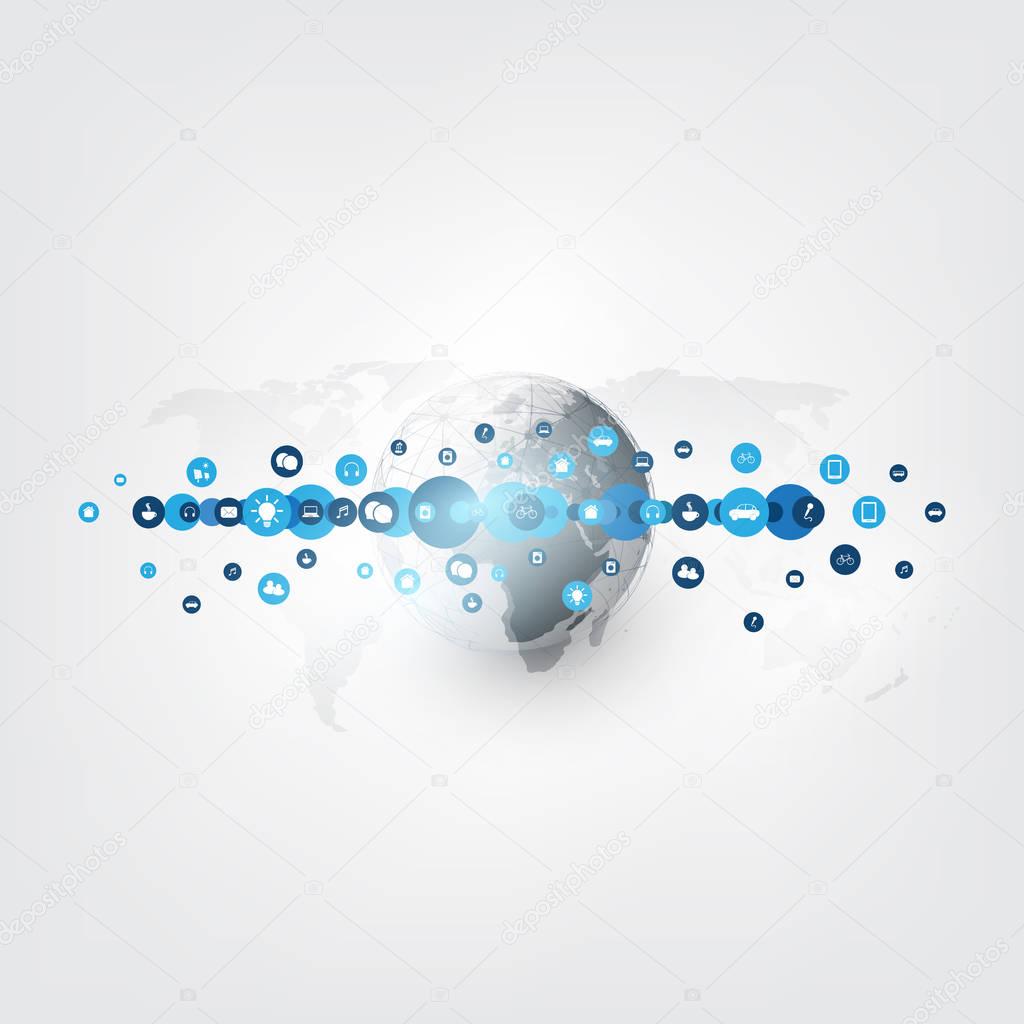 Internet of Things, Smart Devices, Cloud Computing Design Concept with World Map and Icons - Global Digital Network Connections, Technology Background