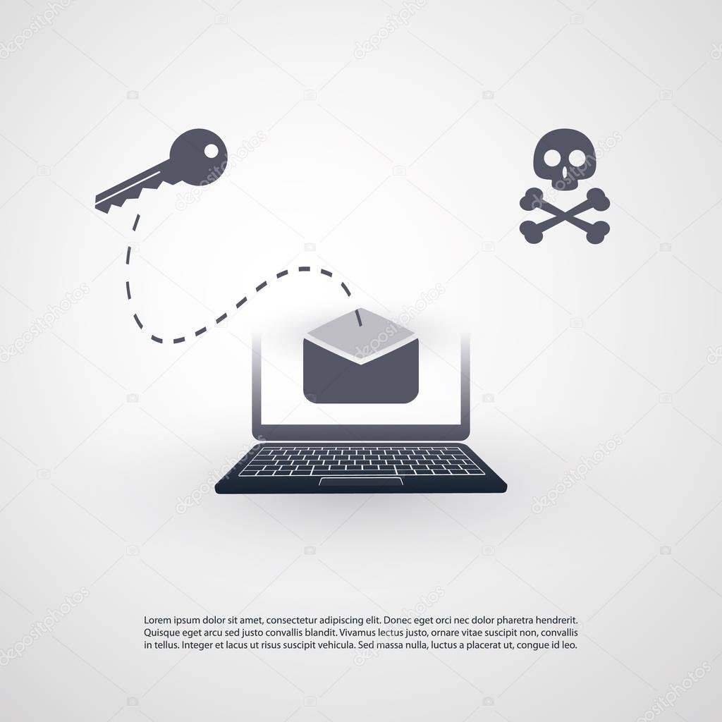 Laptop and Envelope - Backdoor Infection by E-mail - Virus, Malware, Ransomware, Fraud, Spam, Phishing, Email Scam, Hacker Attack - IT Security Concept Design