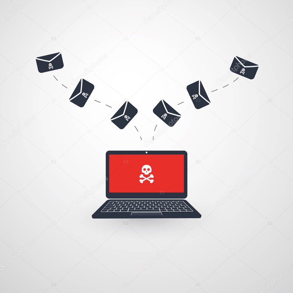 Laptop and Envelopes - Malware Infection by E-mail - Virus, Backdoor, Ransomware, Fraud, Spam, Phishing, Email Scam, Hacker Attack - IT Security Concept Design