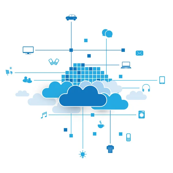 Cloud computing, ağlar tasarım konsepti ile çeşitli dijital cihazlar veya çok Hizmetleri gösteren simgeler — Stok Vektör