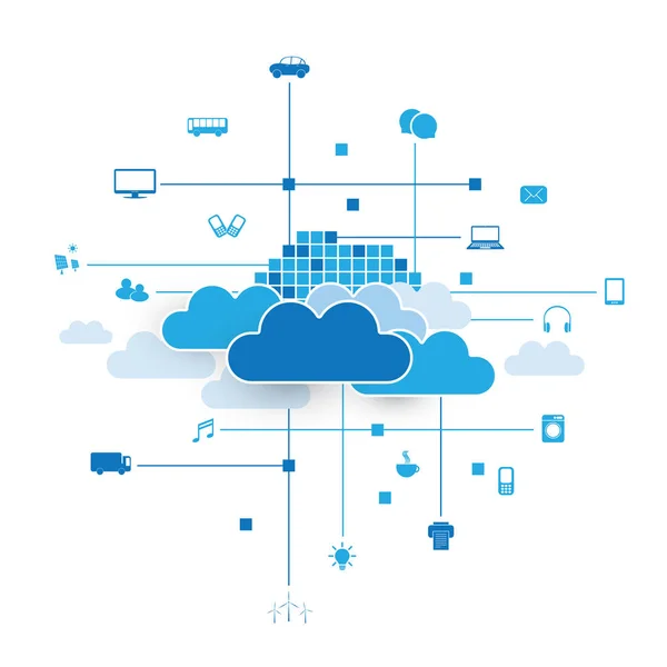 Cloud Computing, conceito de design de redes com ícones representando vários tipos de dispositivos digitais ou serviços de IoT — Vetor de Stock