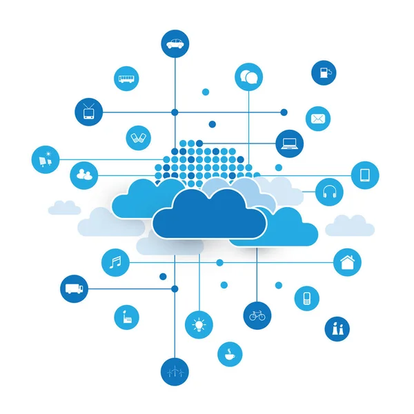 Cloud Computing, Concetto di progettazione di reti con icone che rappresentano vari tipi di dispositivi digitali o servizi IoT — Vettoriale Stock