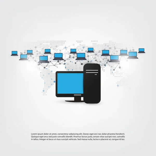 Netzwerke - abstraktes Cloud Computing und globale Netzwerkverbindungskonzepte mit Weltkarte und Serverrechner — Stockvektor