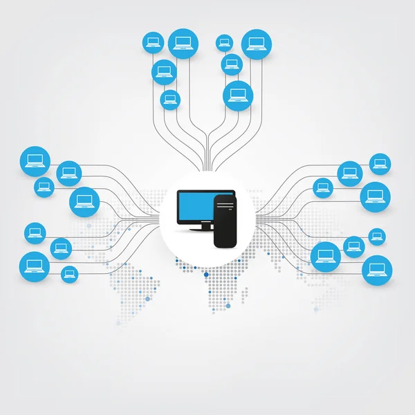 Netzwerke - abstraktes Cloud Computing und globale Netzwerkverbindungskonzepte mit Weltkarte und Server — Stockvektor