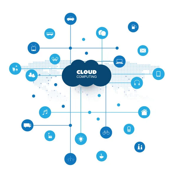 Cloud Computing, concept de conception de réseaux avec des icônes représentant divers types d'appareils ou de services numériques — Image vectorielle