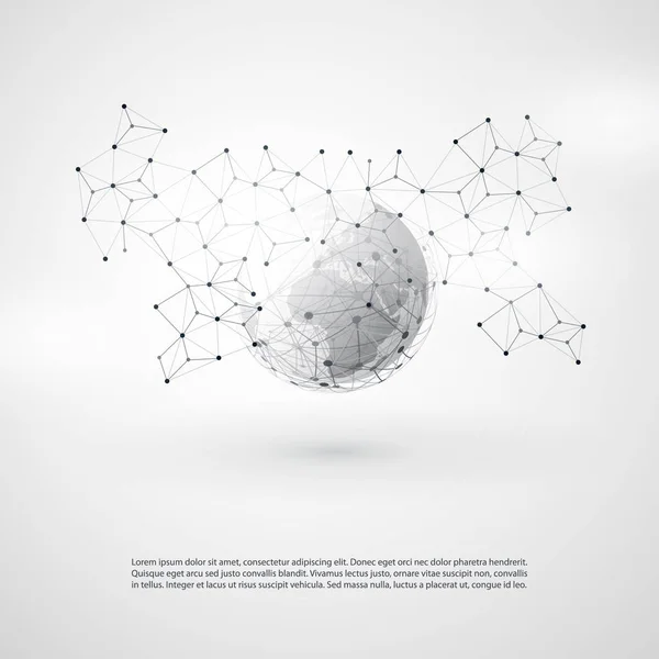 클라우드 컴퓨팅 및 지구 지구-네트워크 글로벌 디지털 네트워크 연결, 기술 개념 배경, 투명 한 기하학적 회색 철 망으로 창조적인 디자인 요소 서식 파일 추상화 — 스톡 벡터
