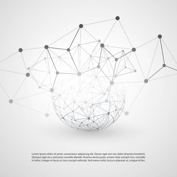 Black and White Modern Minimal Style Cloud Computing, Telecommunications Concept Design with Network Connections, Transparent Geometric Wireframe