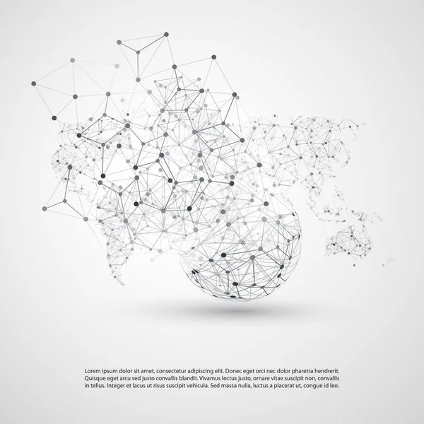 Computação em nuvem e o conceito de redes com fundo de tecnologia do mundo modelado mapa - conexões digitais globais, modelo de Design criativo com cinza transparente geométrica engranzamento de fio — Vetor de Stock