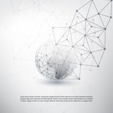 Bulut bilgisayar ve ağlar kavramı - küresel dijital ağ bağlantıları, teknolojik altyapı, yaratıcı tasarım şablonu şeffaf geometrik gri tel kafes