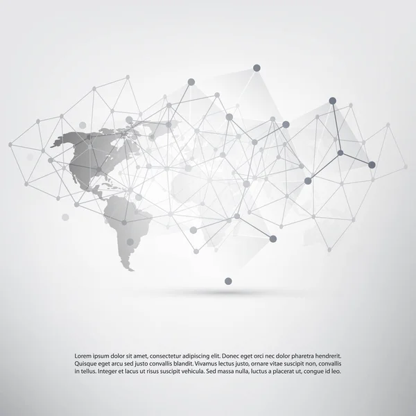 Cloud Computing und Netzwerkkonzept mit Weltkarte - globale digitale Netzwerkverbindungen, technologischer Hintergrund, kreative Designvorlage mit transparentem geometrischen grauen Drahtgeflecht — Stockvektor
