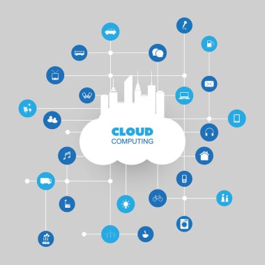 Cloud computing, çok tasarım konsepti simgeler - dijital ağ bağlantıları, teknolojik altyapı ile