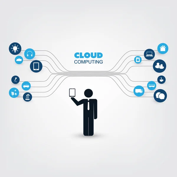 Cloud Computing, Business Network Design Concept with a Standing Businessman and Icons - Connexions réseau numérique, Contexte technologique — Image vectorielle