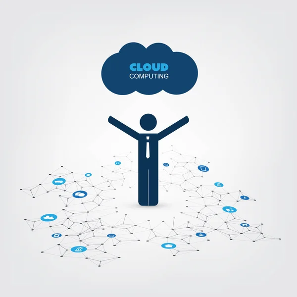 Concept de conception de Cloud Computing avec un homme d'affaires permanent et des icônes - Connexions réseau numérique, arrière-plan technologique — Image vectorielle