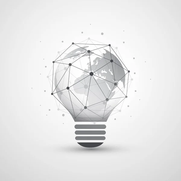 Abstract Electricity, Cloud Computing and Global Network Connections Concept Design with Earth Globe Inside of a Light Bulb, Transparent Geometric Mesh — Stock Vector