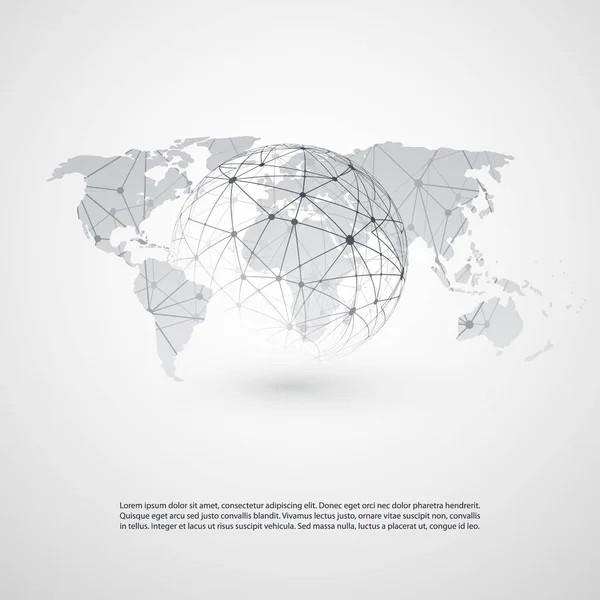 Bulut bilgisayar ve ağlar kavram dünya harita - küresel dijital ağ bağlantıları, teknolojik altyapı ile yaratıcı tasarım şablonu şeffaf geometrik gri örgü tel — Stok Vektör