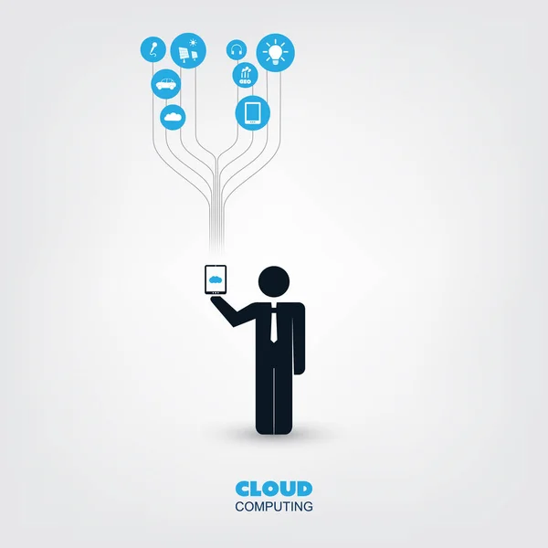 Concepto de diseño de computación en la nube con un hombre de negocios e iconos permanentes: conexiones de red digital, antecedentes tecnológicos — Vector de stock