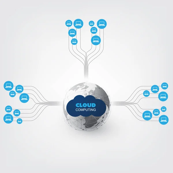 Concepto de diseño de computación en nube con iconos: conexiones de red digital, antecedentes tecnológicos — Vector de stock