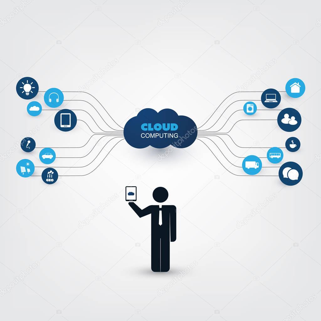 Cloud Computing Design Concept with a Standing Business Man and Icons - Digital Network Connections, Technology Background