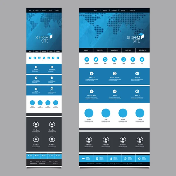 Responsive einseitige Website-Vorlage - Header-Design mit Weltkarte - Desktop- und Mobilversion — Stockvektor