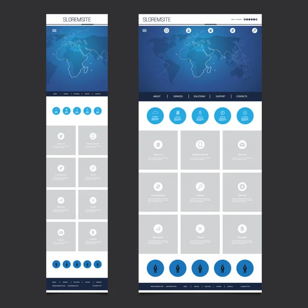 Plantilla responsiva del sitio web de una página - Diseño de encabezado con mapa del mundo - Escritorio y versión móvil — Vector de stock