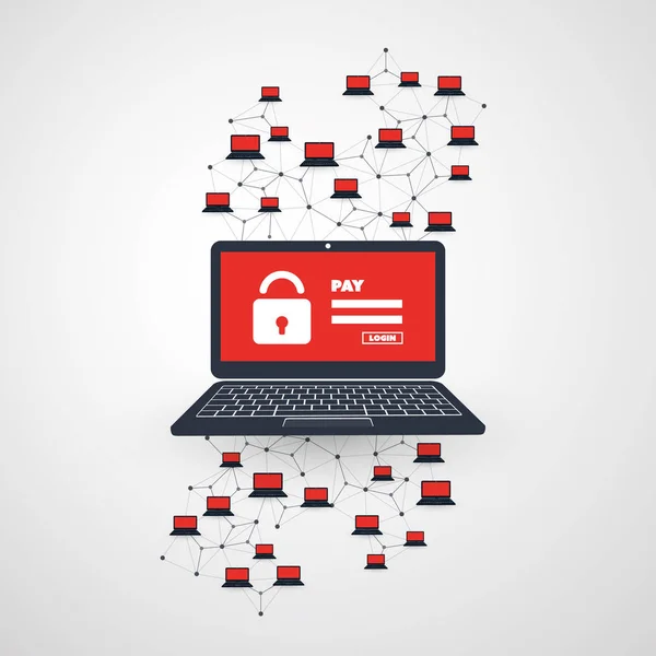 Vulnerabilidade de rede, Dispositivo bloqueado, Arquivos criptografados, Documentos perdidos, Ataque de ransomware - Vírus, Malware, Fraude, Spam, Phishing, Scam e-mail, Ataque de hacker - Conceito de segurança de TI —  Vetores de Stock