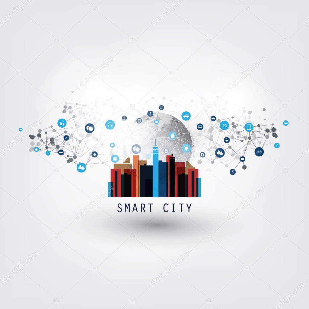 Colorful Smart City, Internet of Things or Cloud Computing Design Concept with Icons - Digital Network Connections, Technology Background