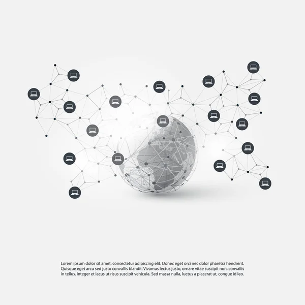 Computación en nube de estilo mínimo, Estructura de redes, Diseño de conceptos de telecomunicaciones, Conexiones de red, Wireframe geométrico transparente con iconos — Archivo Imágenes Vectoriales