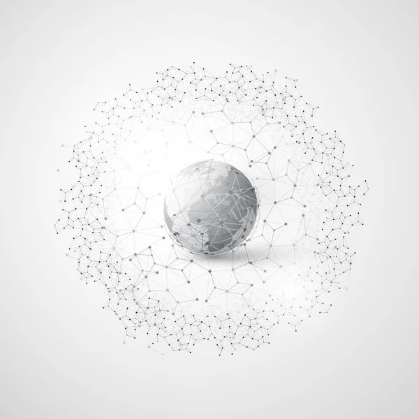 Computación en nube abstracta y conexiones de red globales Concepto de diseño con malla geométrica transparente, anillo de Wireframe — Vector de stock