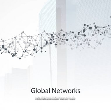 Cloud computing ve iş ağları - soyut küresel dijital ağ bağlantıları, teknoloji kavramı arka plan, yaratıcı tasarım öğesi şablon şeffaf geometrik gri tel örgü ile 