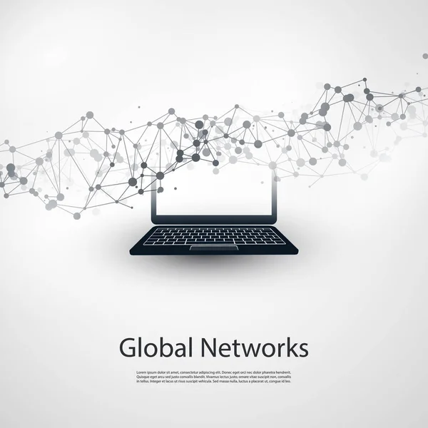 Computação em nuvem abstrata e design de conceito de conexões de rede global com computador portátil, dispositivo móvel sem fio, malha geométrica transparente —  Vetores de Stock