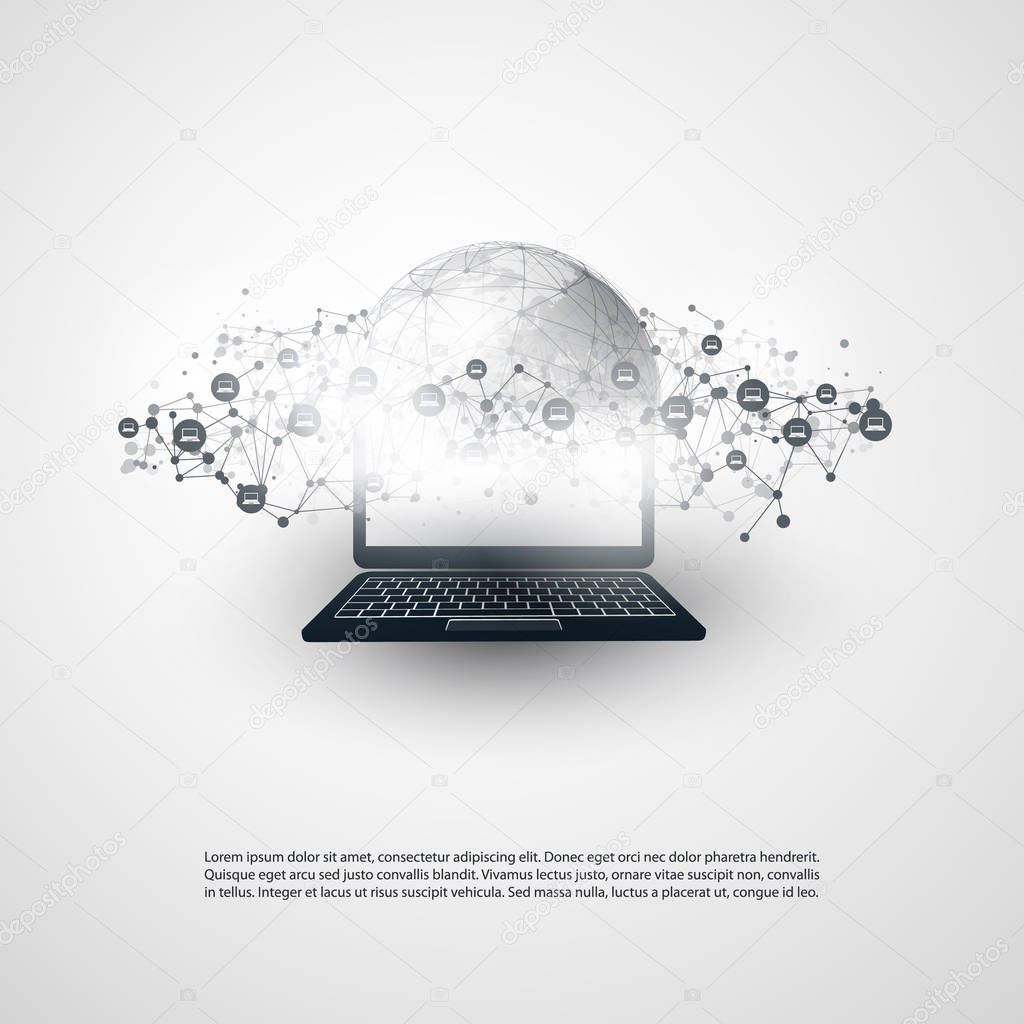 Minimal Style Cloud Computing, Networks Structure, Telecommunications Concept Design, Network Connections, Transparent Geometric Wireframe with Icons