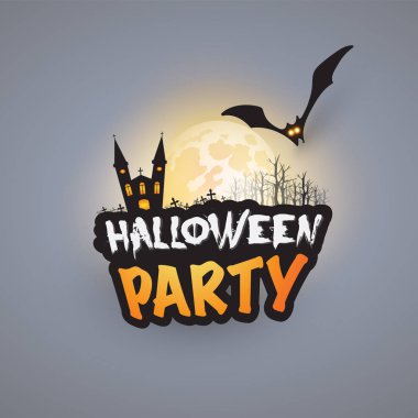 Halloween Parti kartı şablonu - perili yarasa parlayan gözlerle uçan kale, çıplak ağaçlar,