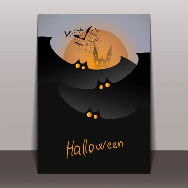 Joyeux modèle de carte d'Halloween - Chauves-souris volantes au-dessus de la lune avec des yeux brillants — Image vectorielle