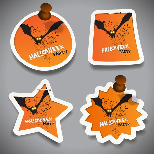 Ensemble d'étiquettes de coupe de papier Halloween, d'étiquettes ou de bulles d'expression avec illustration de chauves-souris volantes, épinglées sur une surface grise — Image vectorielle
