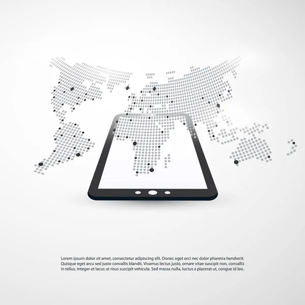 Cloud Computing und Netzwerkkonzept mit Weltkarte - abstrakte globale digitale Netzwerkverbindungen, technologischer Hintergrund, kreative Design-Element-Vorlage mit Tablet-PC und globalen Ressourcen — Stockvektor