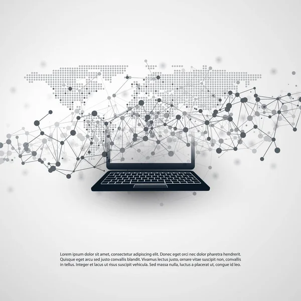 Abstrakcja chmury obliczeniowej i globalnej sieci połączeń Concept Design z Laptop komputer, urządzenie mobilne, przezroczyste siatki geometrycznej — Wektor stockowy