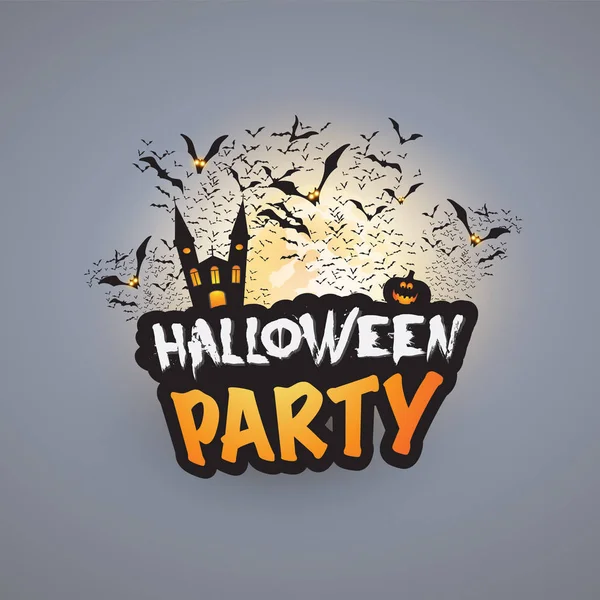 Halloween Party kaart sjabloon - Haunted Castle, pompoen, vliegende vleermuizen met gloeiende ogen — Stockvector