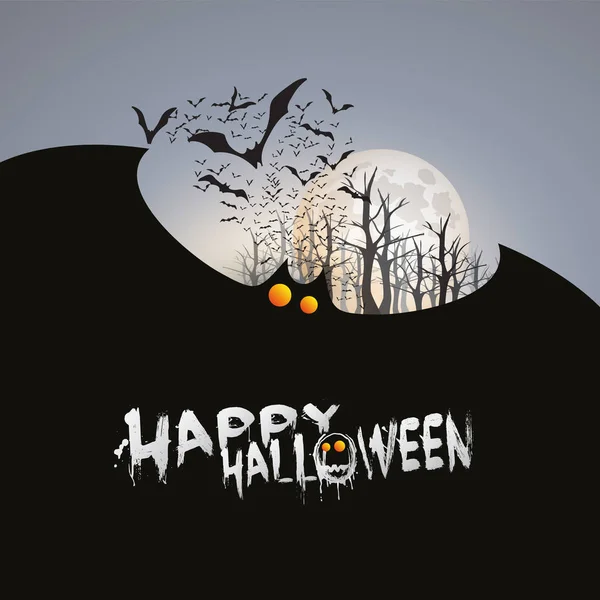 Szablon karty Happy Halloween - latające nietoperze w lesie jesienią z świecące oczy — Wektor stockowy