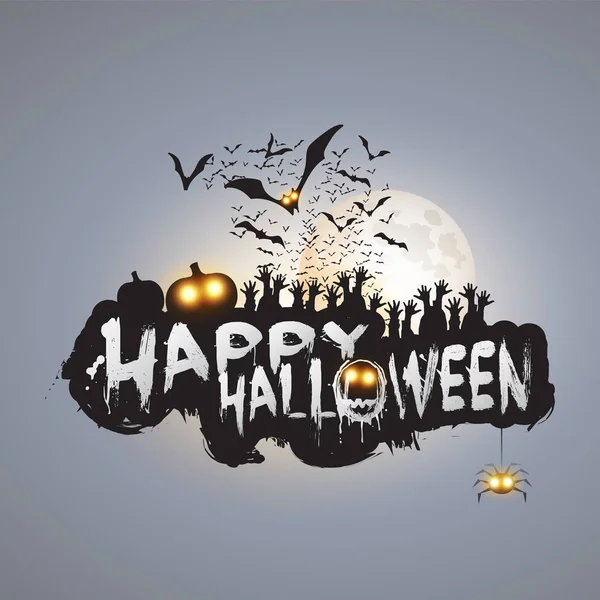 Modèle de carte Happy Halloween - mains, battant les chauves-souris, citrouille et Spooky créatures aux yeux rougeoyants — Image vectorielle