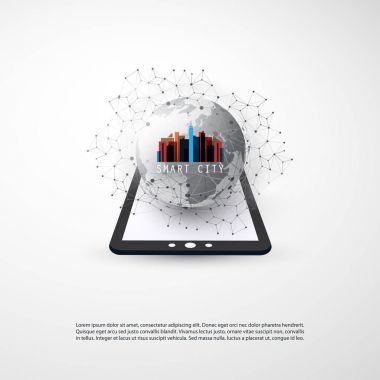 Renkli akıllı şehir, tasarım kavramı - dijital ağ bağlantıları, teknolojik altyapı bulut