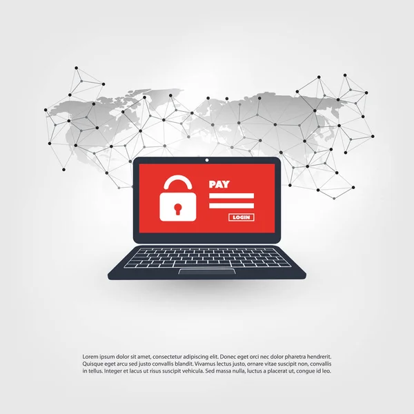 Zabezpečení sítě, uzamčené zařízení, šifrované soubory, ztracené dokumenty, útoku ransomwarem - Virus, Malware, podvody, Spam, Phishing, Email podvod, útoku hackerů - to bezpečnostní koncepce — Stockový vektor