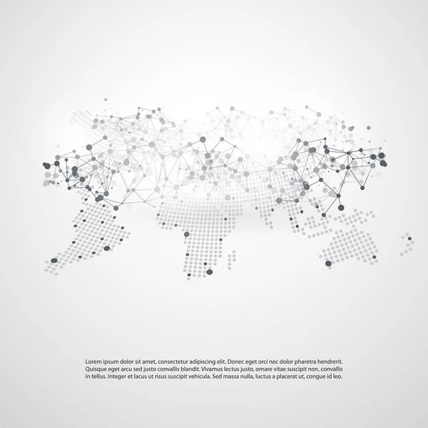 Computación en la nube y redes con mapa del mundo - Conexiones de red digitales globales abstractas, Antecedentes del concepto de tecnología, Plantilla de elementos de diseño creativo con malla de alambre gris geométrica transparente — Vector de stock