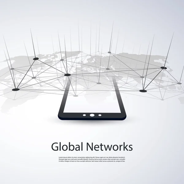 Computación en la nube y redes: conexiones digitales globales, ilustración del concepto de Internet con Tablet PC, dispositivo móvil inalámbrico — Archivo Imágenes Vectoriales