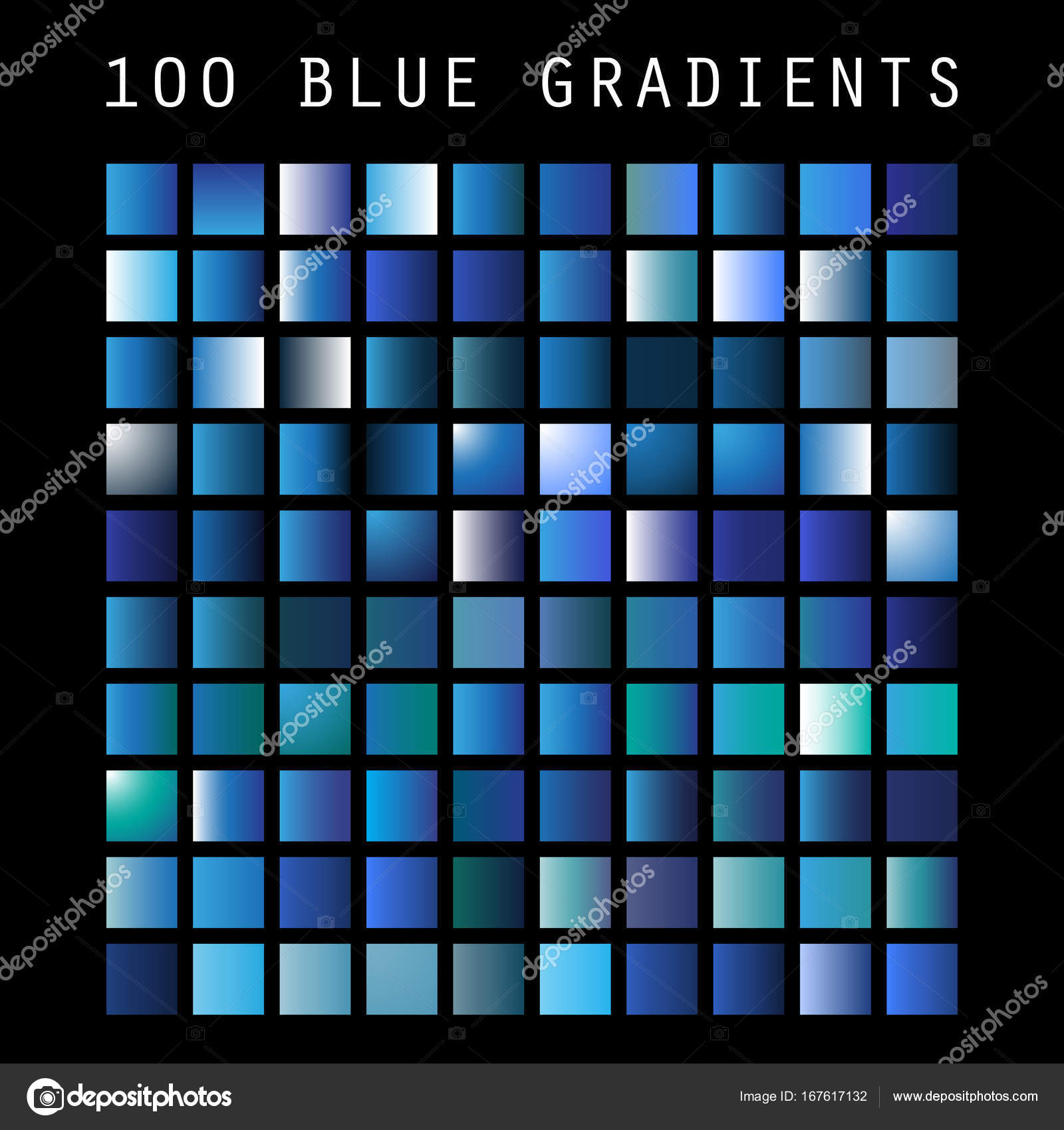 Set of 100 Blue Color Shades and Gradient Samples, Design Template