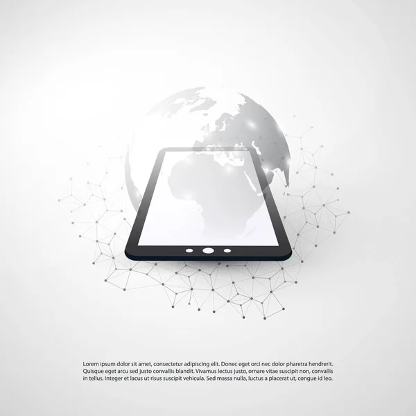 Computación en nube abstracta y diseño de conceptos de conexiones globales de red con Tablet PC, dispositivo móvil inalámbrico, malla geométrica transparente — Vector de stock