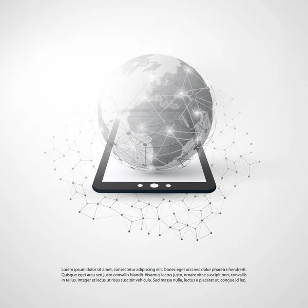 Αφηρημένο σύννεφο υπολογιστών και παγκόσμιο δίκτυο συνδέσεις Προμελέτη με το Tablet Pc, ασύρματη φορητή συσκευή, διαφανή γεωμετρικά πλέγμα — Διανυσματικό Αρχείο