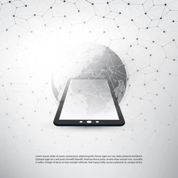 Computação em nuvem abstrata e design de conceito de conexões de rede global com tablet PC, dispositivo móvel sem fio, malha geométrica transparente — Vetor de Stock