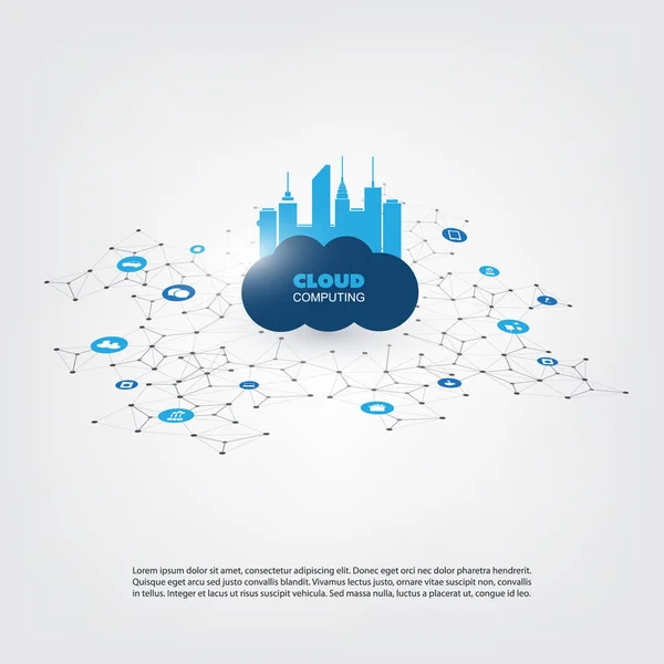 Concepto de diseño de computación en nube con iconos: conexiones de red digital, antecedentes tecnológicos — Vector de stock