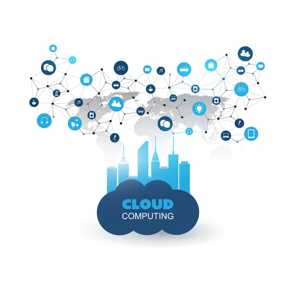 Felhő kiszámítható és intelligens város koncepció - digitális hálózati kapcsolatok, a technológiai háttér — Stock Vector