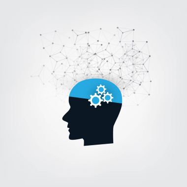 Makine öğrenimi, yapay zeka ve ağlar tasarım konsepti ile simgeler ve insan kafası